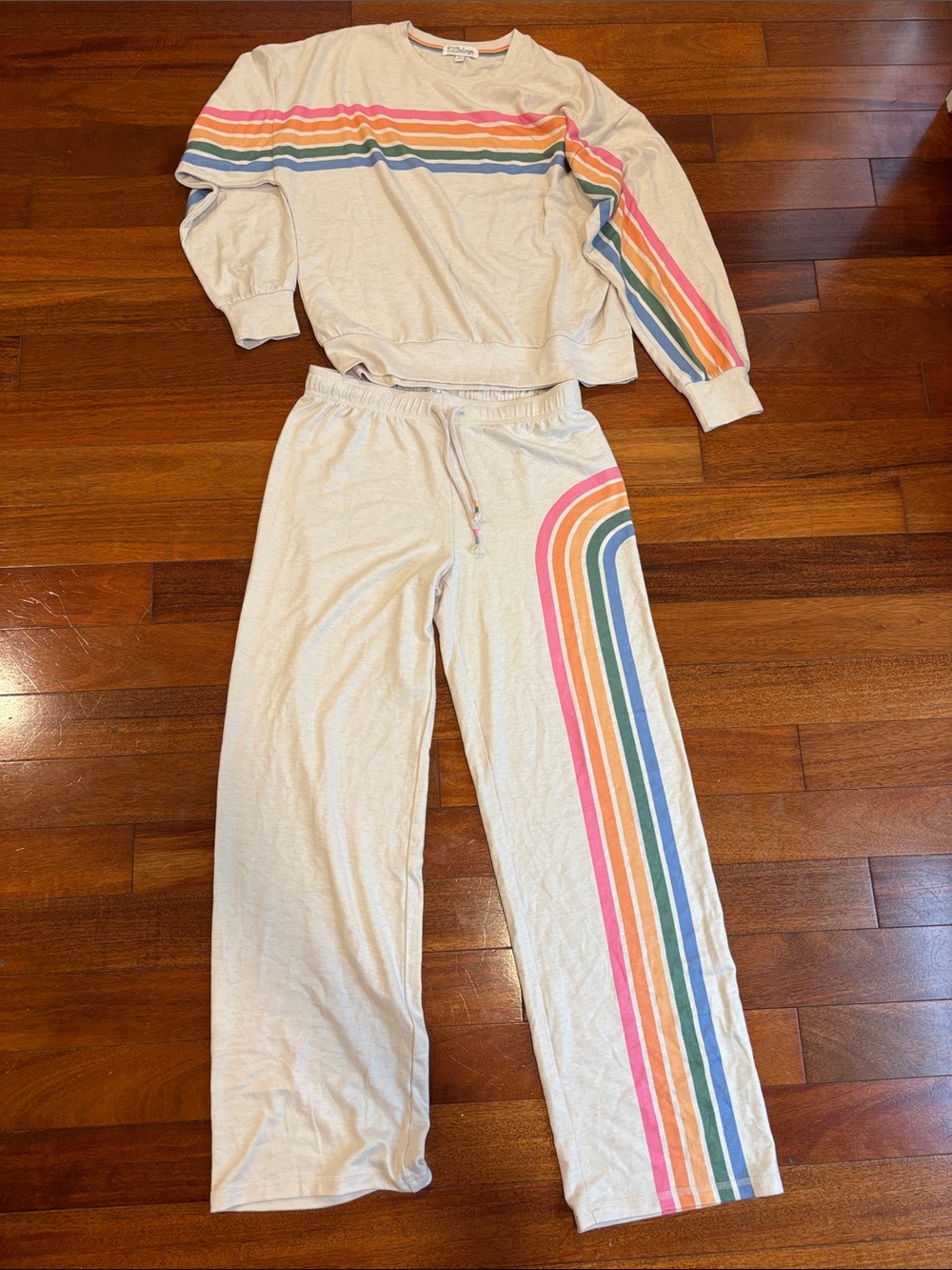 PJ Salvage Cream Pajama Set with Pink, Orange, Yellow, Green & Blue Stripes